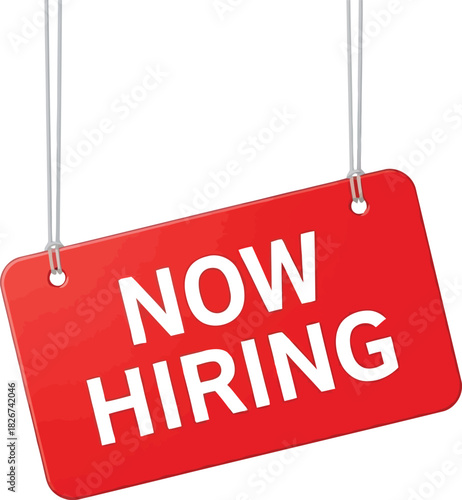 Now hiring hanging sign vector: job vacancy announcement, employment recruitment banner