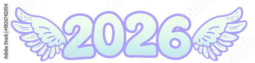 2026 with angel wings illustration in a pastel purple and blue gradient