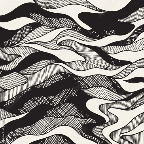 Hand drawn geometric leaves wavy lines. Black and white stripe abstract pattern. wall, card, poster, wallpaper, scarf, rug, pillow, bandana, fabric textile, clothing, kerchief prints etc