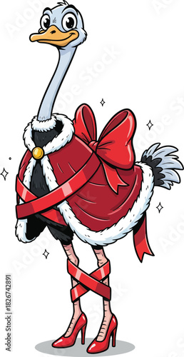 A cartoon ostrich wearing a red cape with a bow and red high heels against a white background