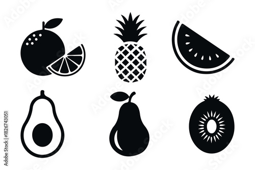 Minimal black fruit icon set for menus, labels, and branding.