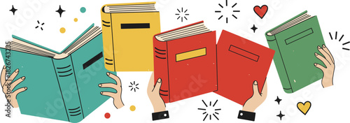 Book icon vector—colorful books held by cartoon hands with stars, hearts, and sparkles for reading and creative learning visuals 