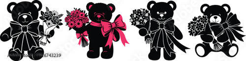 Teddy Bear Silhouette Vector Set Holding Flower Bouquet with Pink Accent Ribbon