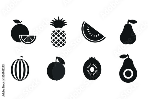 Minimal black fruit icon set for menus, labels, and branding.