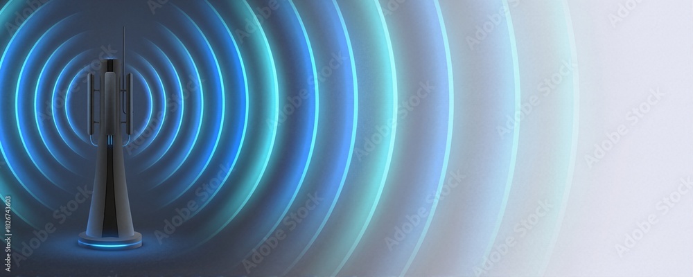 Fototapeta premium Futuristic 5G network tower with blue radio signal waves. Wireless telecommunications antenna transmitting data. Internet connection concept with copy space