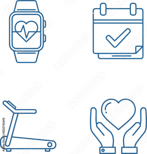 Health fitness wellness icons: smartwatch, treadmill, calendar, heart care line art