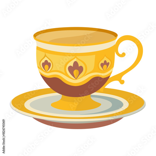 Vector illustration of a teacup with saucer featuring a decorative ornamental pattern.  Ideal for kitchen design, product packaging, cafe branding, web icons. Editable isolated on white background