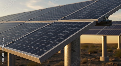 A close-up shows a solar panel fixed to a metal pole, part of a ground-mounted solar farm. Concept of pole-mounted solar farm infrastructure.