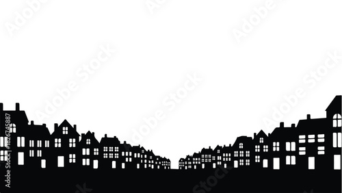 Silhouette View of European City Streetscape in Black and White