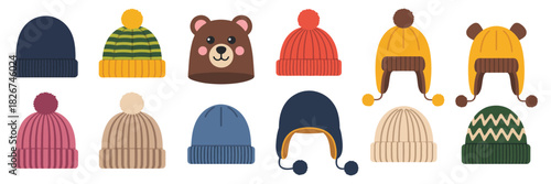 knitted winter headwear vector set featuring beanies and caps, stylish and cozy wool accessories, perfect for cold season fashion illustrations, winter clothing designs, and seasonal apparel graphics.