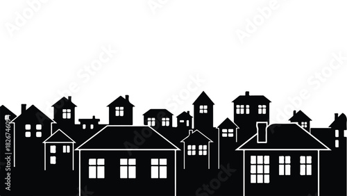 Stylized Black and White Cityscape Illustration with Houses