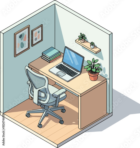 Isometric view of a compact office cubicle with a desk, chair, laptop, books, and plants in a modern, minimalist workspace with a calming atmosphere.