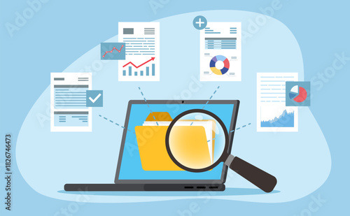 Data analysis and management, file searching. Highlighting the process of reviewing and examining important files and data for insights.