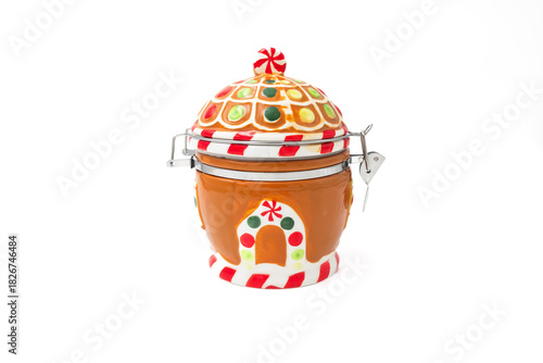 Traditional Clay Bowl and Jar with Holiday Christmas Decoration Isolated on White Background