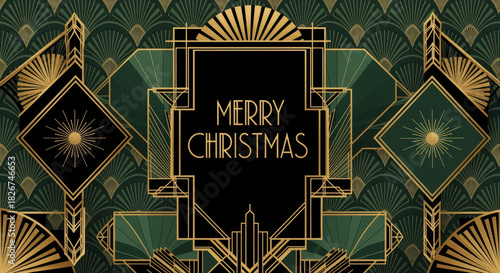 Elegant art deco merry christmas greeting with festive gold and green pattern. luxurious and geometric background