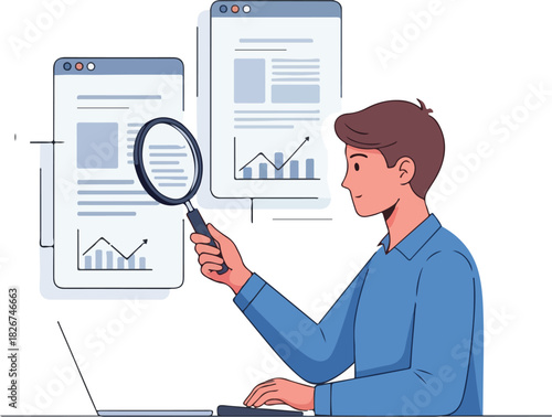 A man in a blue shirt examines a graph on a mobile device with a magnifying glass while working on a laptop in a business setting with a clean white background.