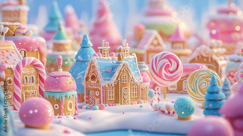 ピンクと白のお菓子でできた、夢のようなクリスマスの街並み