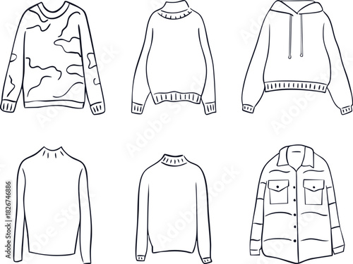 Set of casual warm clothes. Hoodie, sweater and shirt. Clothes for autumn and winter. Illustration in doodle style, isolated on white background. Vector