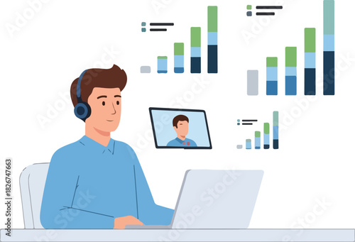 A man in a blue shirt sits at a desk with a laptop and headset, analyzing business data and video conferencing with a colleague on a screen, surrounded by graphs and charts in a