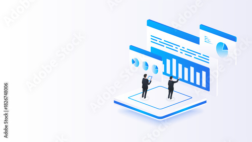 Isometric stock market data analysis. analyzing business data and financial growth charts.
