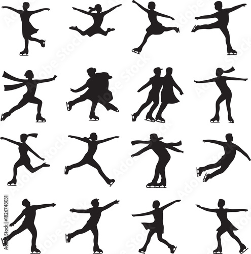 Silhouettes of Figure Skaters Performing Various Moves on White Background