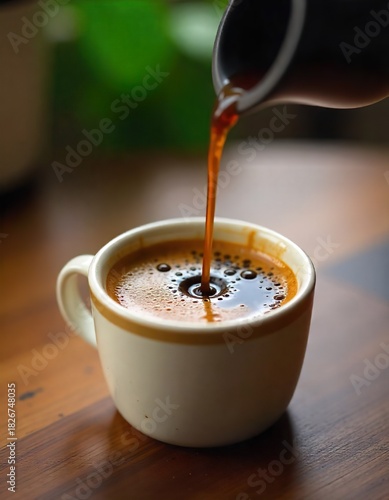 the precise moment espresso is being poured into a small, speckled ceramic cup, creating a rich, frothy surface.