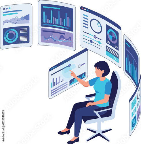 A woman sits in an office chair, interacting with multiple screens displaying graphs and charts in a modern business setting with a professional mood.