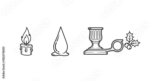 Holiday Candlelight Vector Set: Festive Candle, Wax Droplet, Elegant Candle Holder, and Classic Holly Berry Accent for a Warm and Inviting Atmosphere