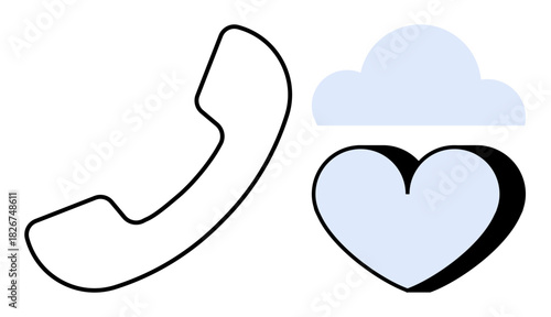 Phone receiver, cloud, and heart representing communication, technology, connection, support, relationships, care and emotional bonds. Ideal for customer service remote work cloud tech mental