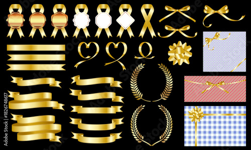 ゴールドカラーのアワードリボンとギフトラッピング素材セット　月桂冠とスターボウも