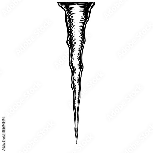 Vertical icicle with dripping frozen shape and pointed tip. Concept of winter frost and seasonal cold decoration - ice - seasonal