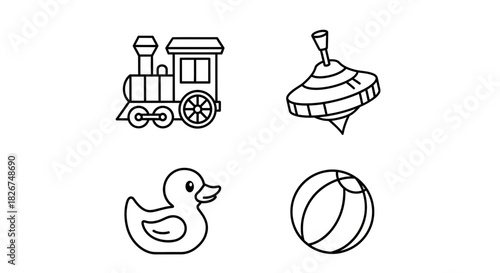 Adorable outlined toys for kids playtime: a train, spinning top, rubber duck, and ball, perfect for children's books and cheerful designs