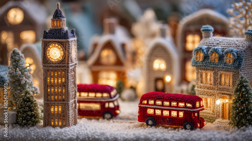 miniature christmas town scene, red bus parked near clock tower, warm brown and gray tones, soft bokeh effect, inviting festive atmosphere,