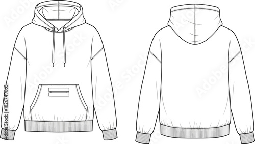 Technical Flats Oversized Hoodie Vector Illustration, Pullover Sweatshirt Design Template, Casual Streetwear Garment Sketch, Unisex Apparel CAD Drawing.