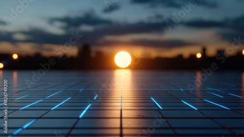 A breathtaking sunset that paints the urban landscape with vibrant colors, reflected on a glossy surface, evokes a sense of wonder and tranquility within a city setting.