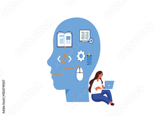 Conceptual illustration of a human mind processing data, code, and technology for innovation and learning
