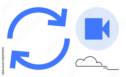 Arrows forming a loop next to a video icon and a minimalist cloud outline suggesting cloud-based synchronization, storage, or streaming. Ideal for cloud computing, data storage, synchronization