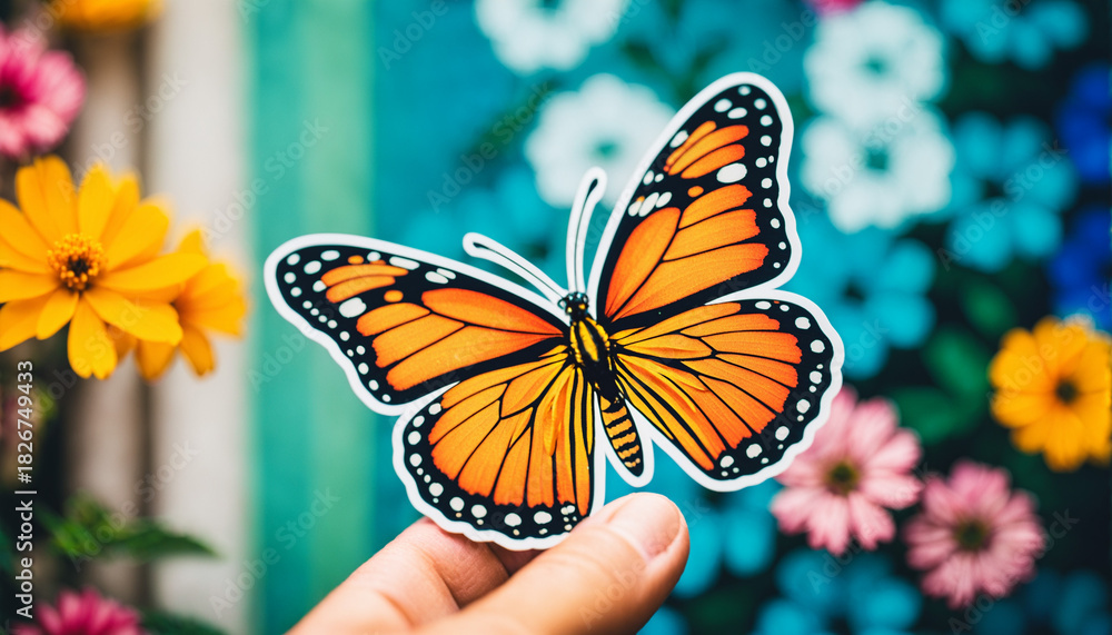 Naklejka premium hand holding a vibrant orange monarch butterfly cutout against a colorful floral garden scene