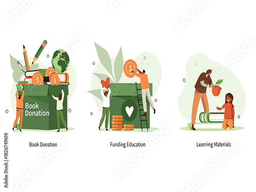 Charity concepts for supporting education with donations and volunteering vector set