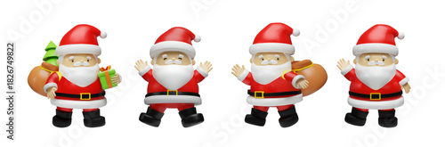 Set of four cute 3D Santa Claus characters in different festive poses. Each Santa wears a classic red suit. Santa holds a gift or carry a large sack with presents and a small Christmas tree.