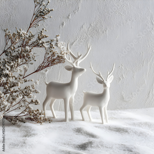 White ceramic reindeer on snowy textured surface, minimal winter mood 