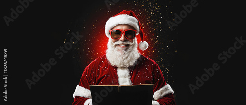 cool santa claus wearing red sunglasses and holding open book with magical golden dust particles floating in dark background