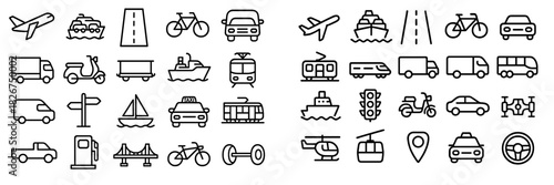 Comprehensive collection of transportation icons covering air, land, and sea travel modes