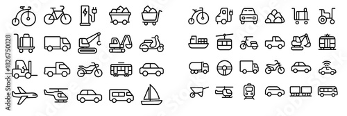 Collection of line icons representing global transportation, logistics, and delivery services