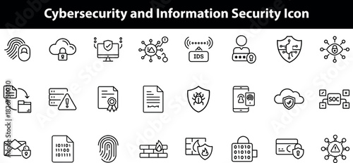 Cybersecurity and information security icon set, featuring symbols for data protection, network security, privacy, digital threats, authentication, and secure communication