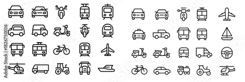Outline icons representing various modes of transport including land, air, and sea vehicles