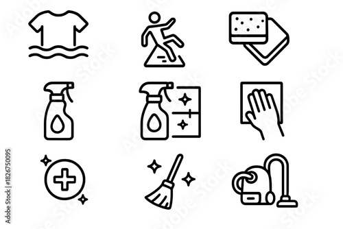Set of simple black symbols for domestic cleaning tasks and safety warnings