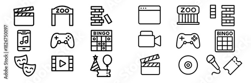 Entertainment and leisure activities set including cinema, gaming, music, theater, and outdoor fun