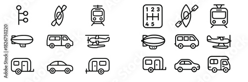 Comprehensive outline symbols representing various modes of transportation and travel