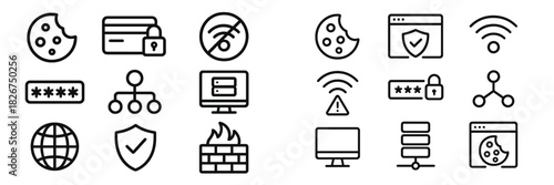 Outline icons set for internet security, data protection, and digital privacy
